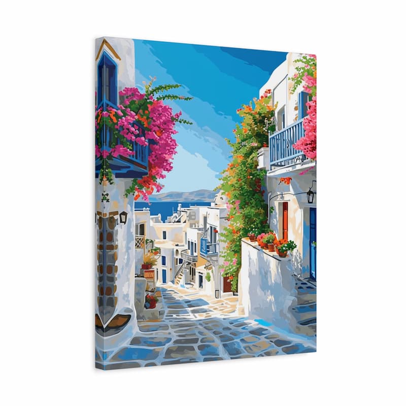 Canvas print of a Mediterranean street scene with flowers and buildings.