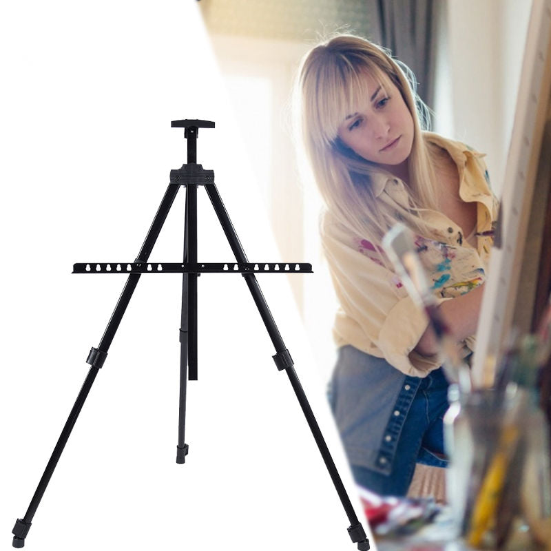 Black adjustable artist easel with a blurred background of a person painting