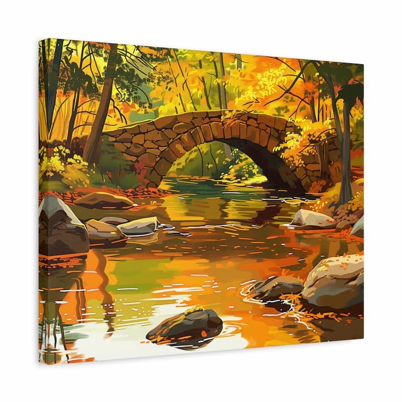 Canvas print of a stone bridge over a stream in an autumn forest