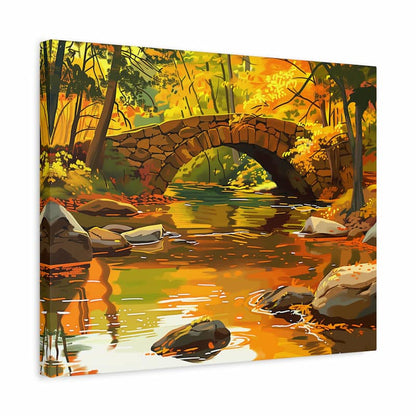 Canvas print of a stone bridge over a stream in an autumn forest