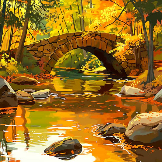 Stone bridge over a stream in a forest with autumn foliage