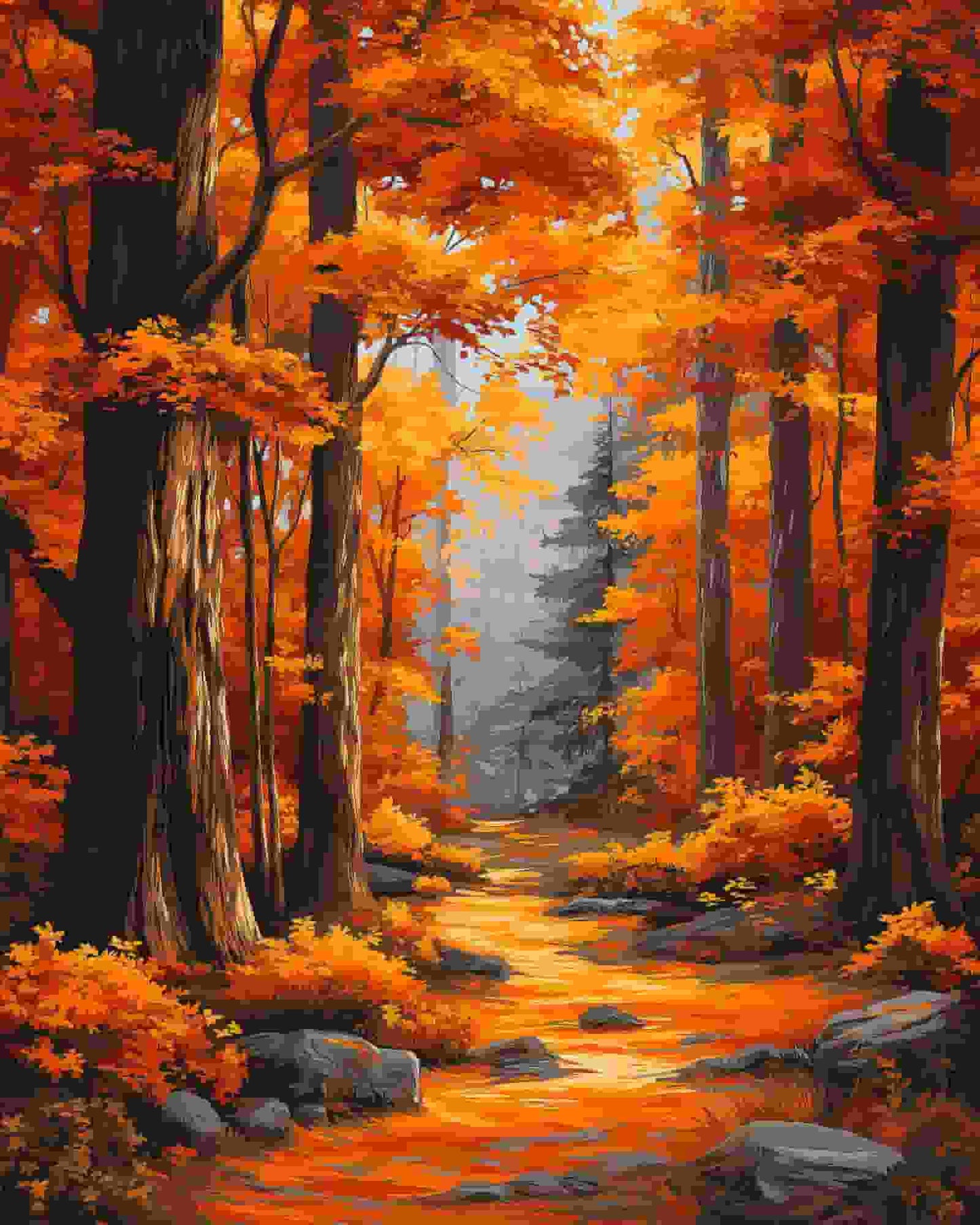Painting of an autumn forest with orange and red leaves.