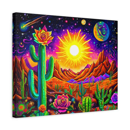 Canvas print of a vibrant desert scene with cacti, flowers, and cosmic elements.