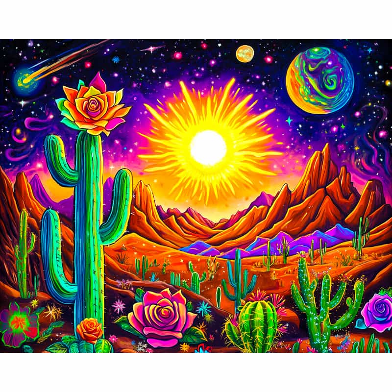 Colorful desert scene with cacti, flowers, and a vibrant sky with sun and planets.