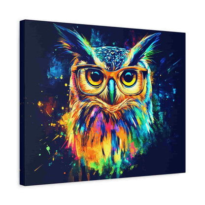 Colorful owl painting with glasses on a dark background