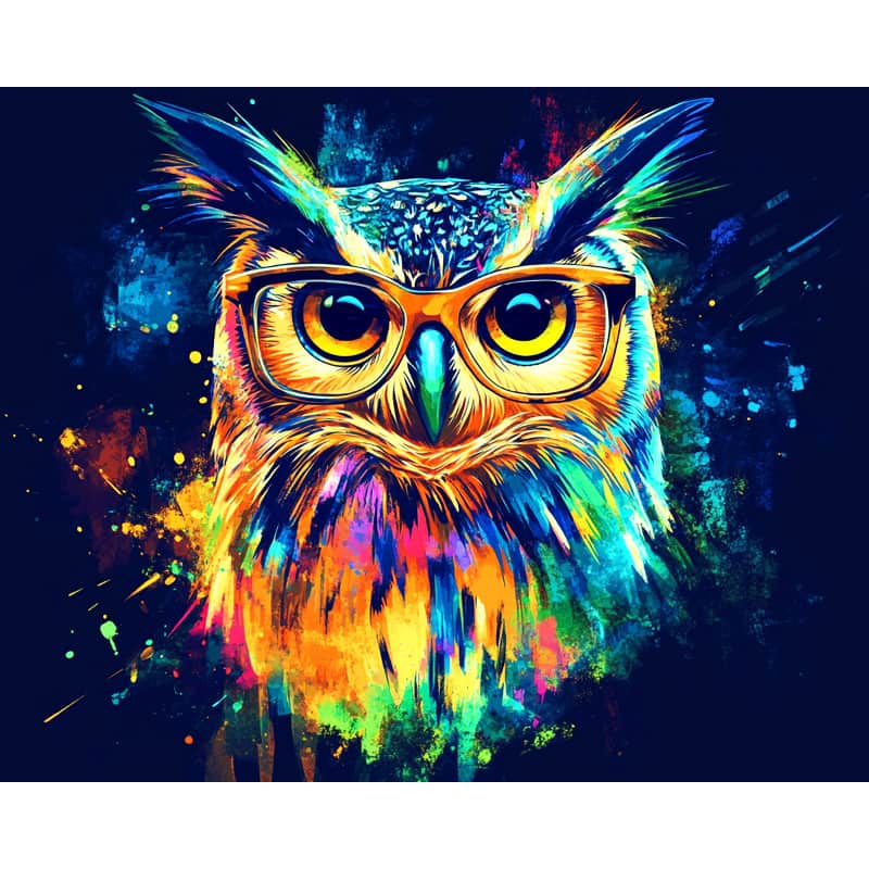 Colorful owl painting with glasses on a dark background