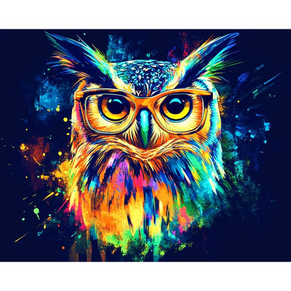 Colorful owl painting with glasses on a dark background