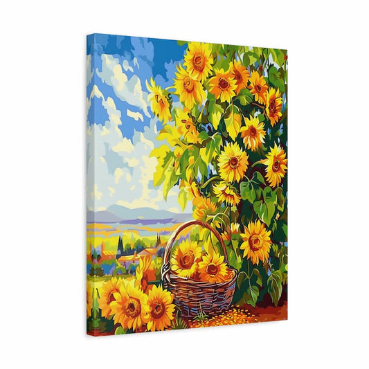 Canvas print of sunflowers with a basket and landscape
