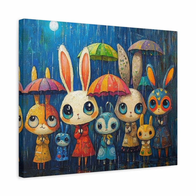 Canvas print of cartoon animals with umbrellas and raincoats on a blue background.