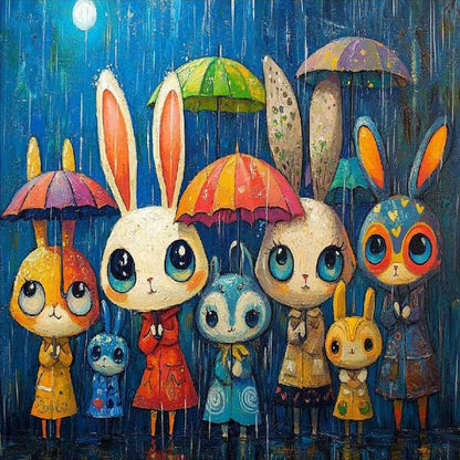 Illustration of cartoon bunnies with colorful umbrellas and raincoats in a rainy scene.