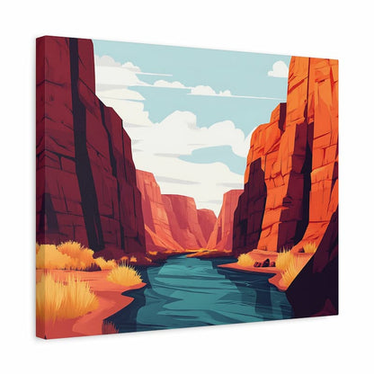 Canvas print of a desert landscape with red rock formations and a blue sky.