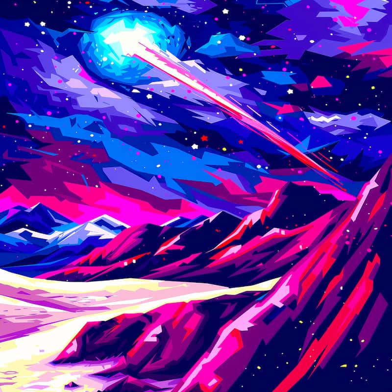 Colorful mountain landscape with a bright blue light and pink beams