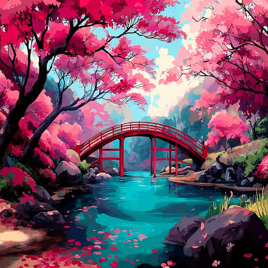 Surreal landscape with a red bridge over a blue pond, surrounded by pink cherry blossom trees.