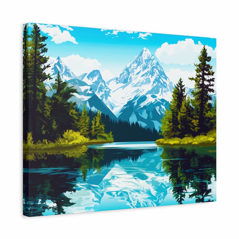 Canvas print of a mountain landscape with trees and a lake.