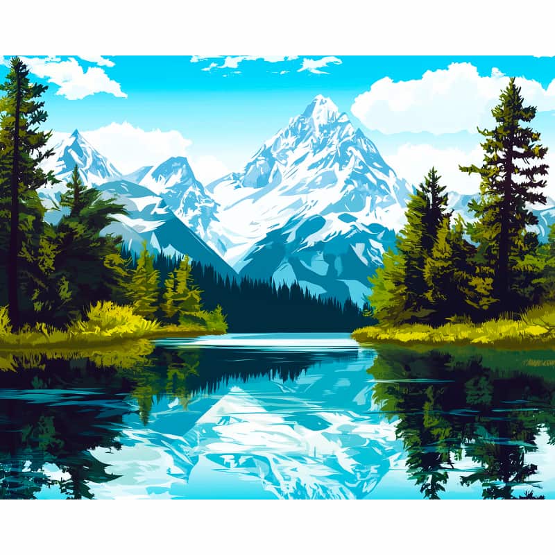 Scenic landscape with mountains, trees, and a lake