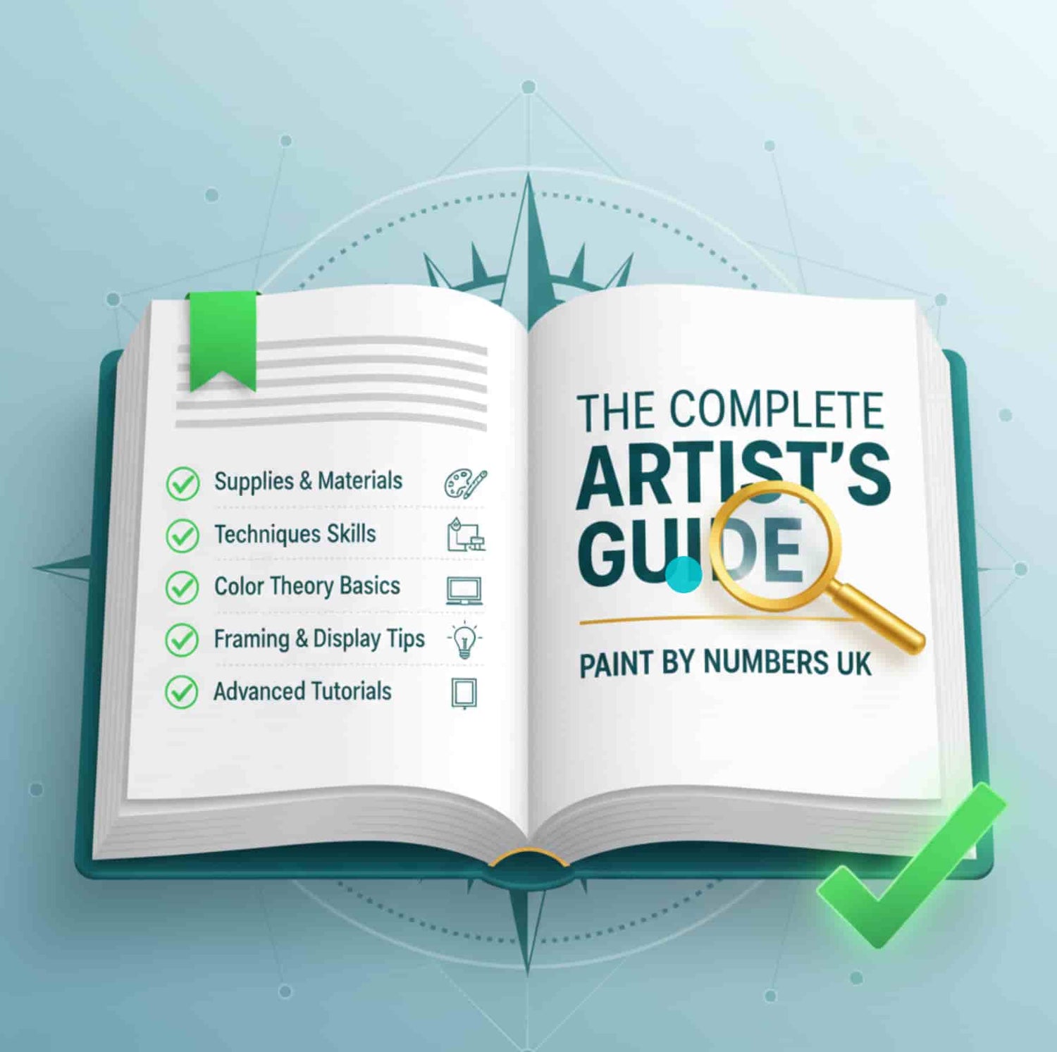Open book titled 'The Complete Artist's Guide' with a magnifying glass on a light blue background