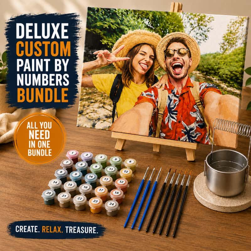 Deluxe custom paint by numbers bundle with art supplies on a wooden surface.