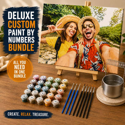 Deluxe custom paint by numbers bundle with art supplies on a wooden surface.