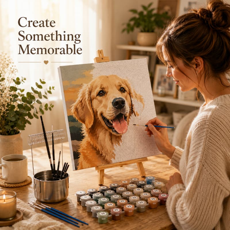 Woman painting a dog on a canvas with text 'Create Something Memorable' in a cozy room.