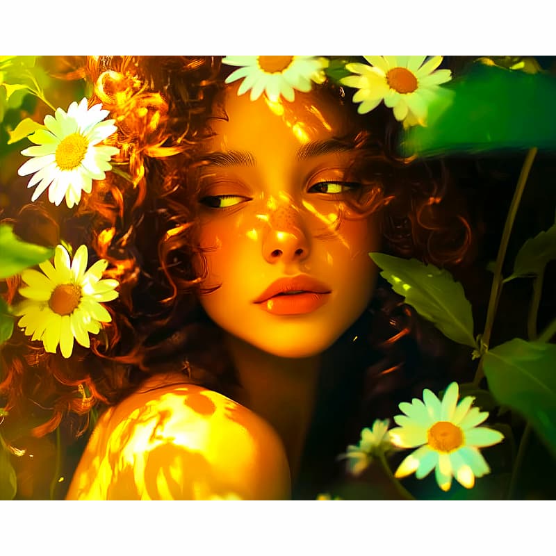 Woman surrounded by flowers and greenery with a glowing effect