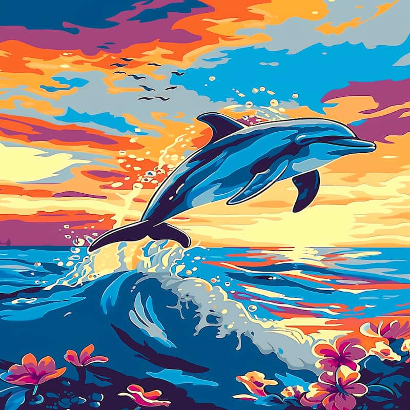 Colorful painting of a dolphin leaping out of water with a vibrant sunset background