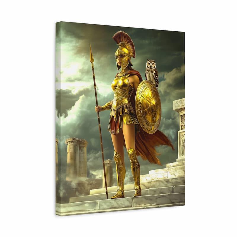 Canvas print of a warrior in ancient Greek armor with a owl on a shield, set against a classical architecture background.