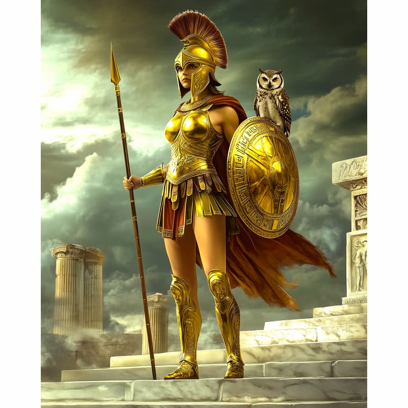 Warrior in gold armor with a shield and owl on a classical building background