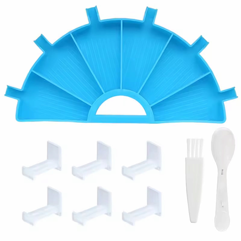 Diamond painting accessory kit including a split sorting tray, six tray clips, a sorting comb, and a dual ended scoop for organizing drills efficiently.