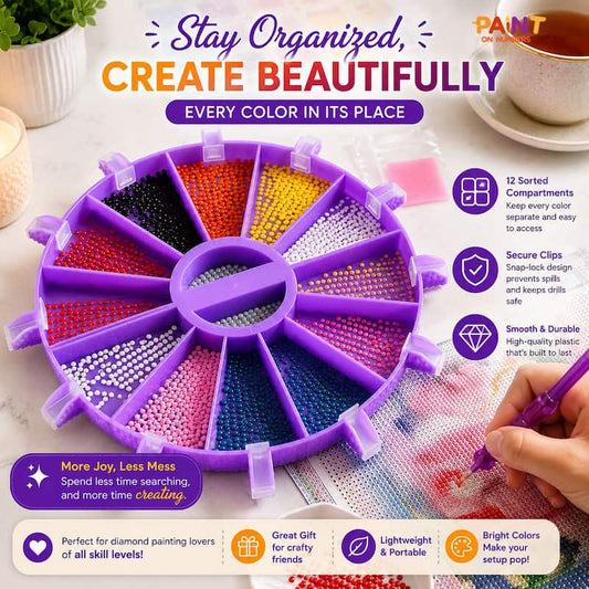 Purple diamond painting organizer with colorful beads and text promoting organization and creativity.