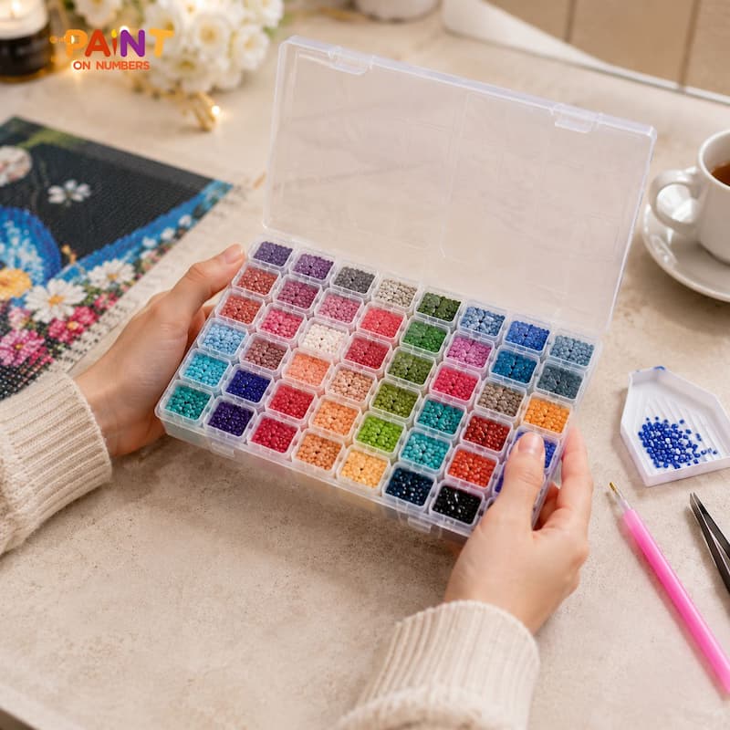 Person holding a clear container with small beads on a table with a cup and paintbrushes.