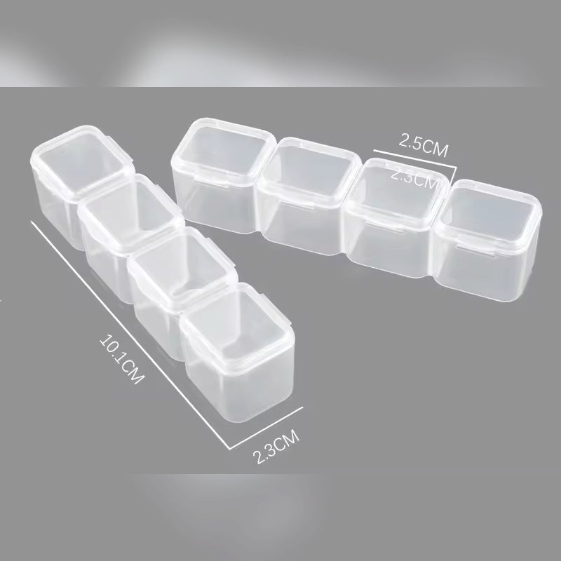 Clear plastic jewelry organizer with dimensions on a gray background