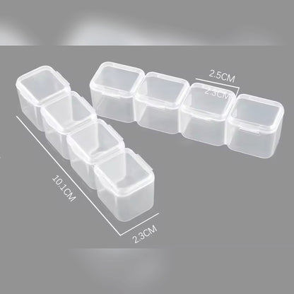 Clear plastic jewelry organizer with dimensions on a gray background