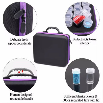 Diamond painting storage case with durable zipper, foam insert, carry handle, and 60 storage jars for organizing diamond painting drills and accessories.