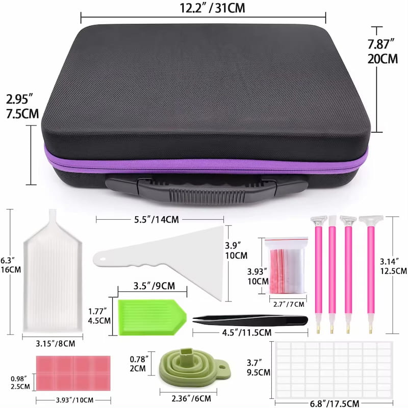 Diamond painting storage case with 60 drill containers, trays, pens, tweezers, labels, funnel, wax, and organizing accessories included in the complete kit.