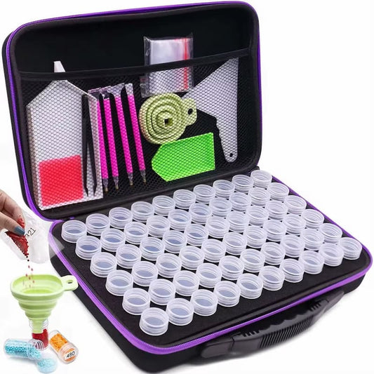 Open diamond painting storage case with 60 drill jars neatly arranged in a foam insert and mesh pocket holding diamond painting tools for organized crafting.
