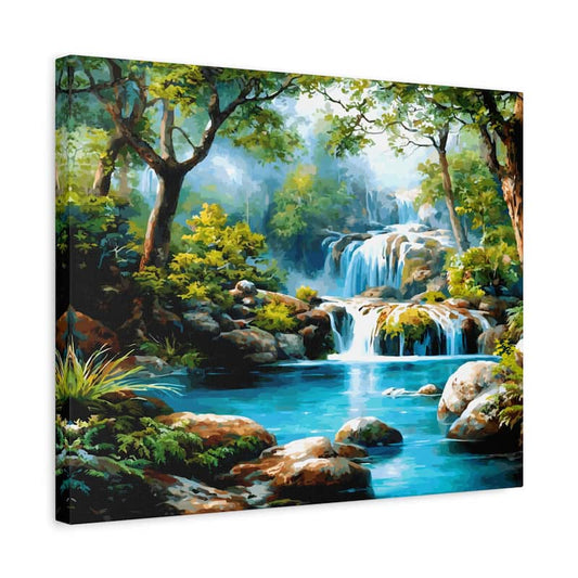 Canvas print of a scenic landscape with a waterfall and forest