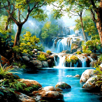 Painting of a serene forest scene with a waterfall and clear blue water.