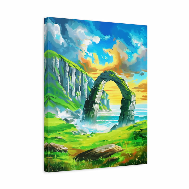 Canvas print of a fantasy landscape with a stone arch and bright sky.