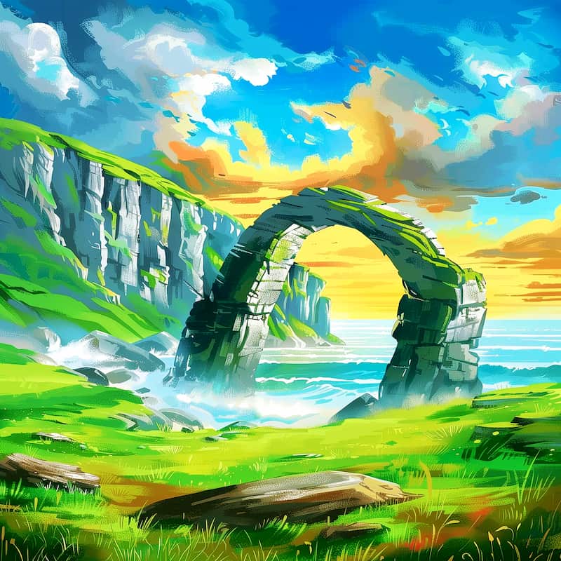 Colorful landscape with a stone archway and vibrant sky