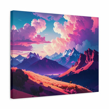 Canvas print of a vibrant landscape with mountains and pink clouds.