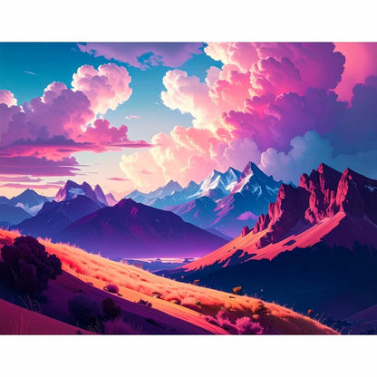 Vibrant mountain landscape with pink and purple clouds