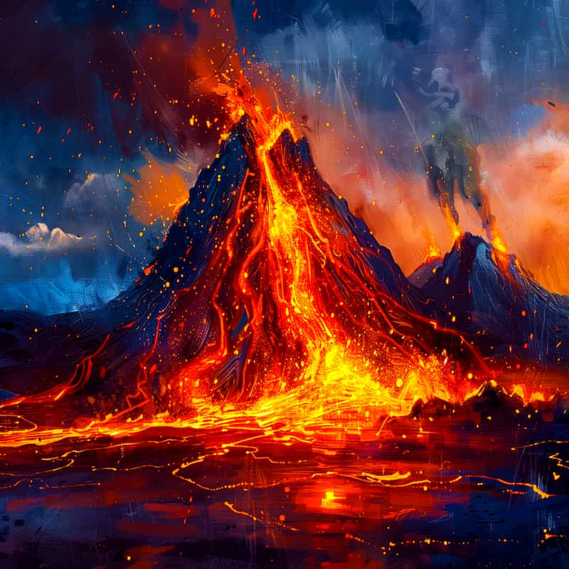 Volcanic eruption with lava flowing and flames against a dark sky.