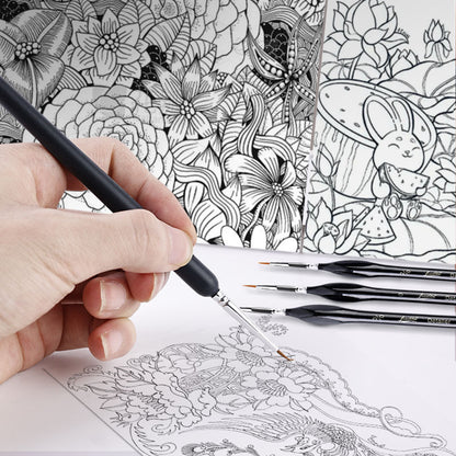 Hand holding a fine micro detail brush for paint by numbers, painting intricate sections on a black and white numbered canvas