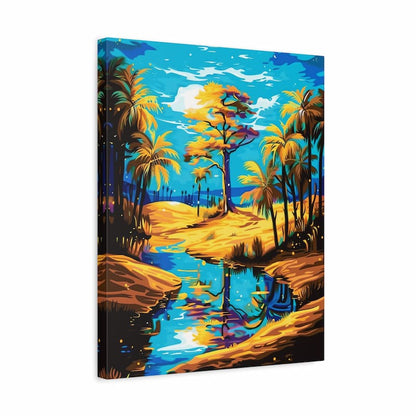 Canvas print of a tropical landscape with palm trees and a river.