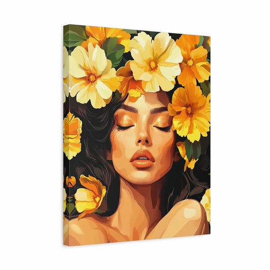 Canvas print of a woman's face with yellow flowers on her head against a white background