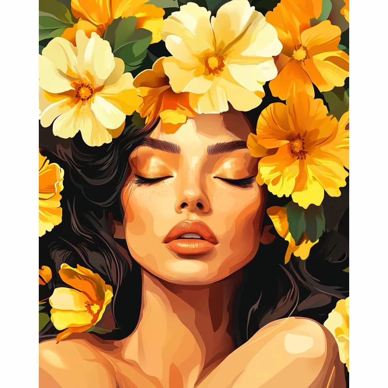 Woman's face with yellow flowers in her hair