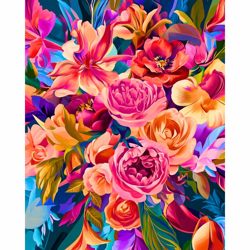 Colorful floral pattern with vibrant flowers and leaves on a dark background