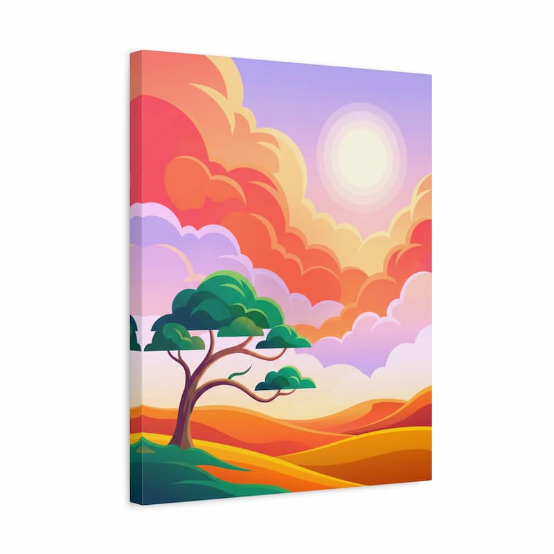 Canvas print with a colorful landscape featuring a tree, sky, and clouds.