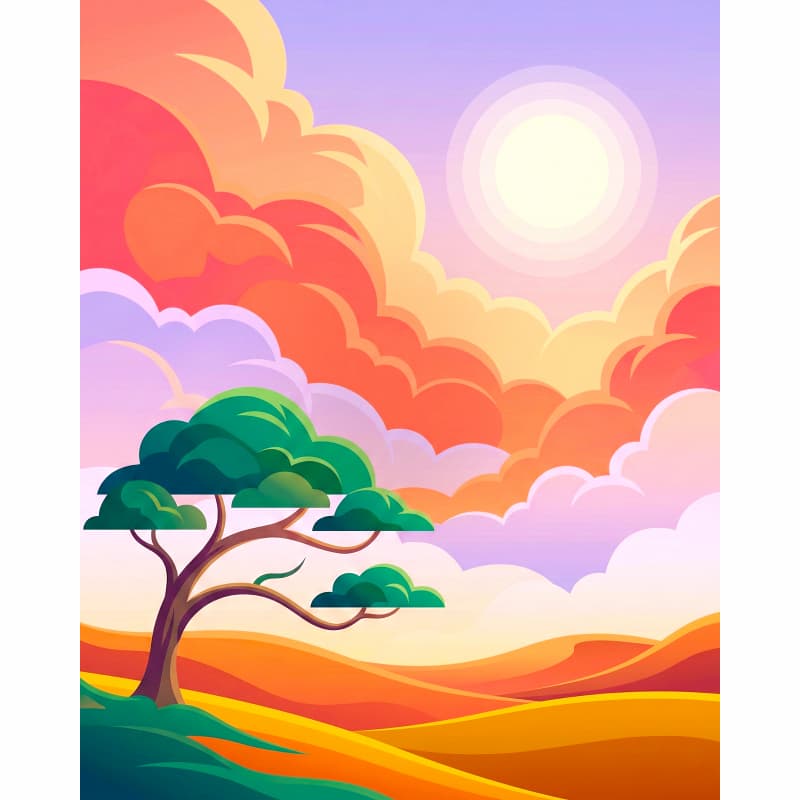 Colorful landscape with a tree and clouds