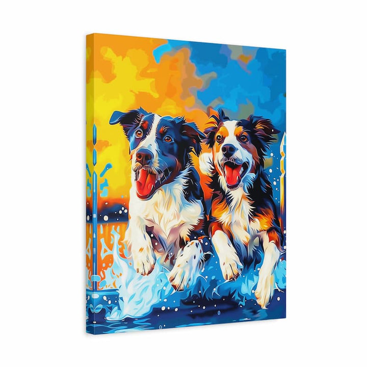 Kit de Peinture par Numéros Chiens Joyeux montrant deux chiens heureux courant dans l'eau avec des éclaboussures et un fond abstrait coloré sur toile de lin